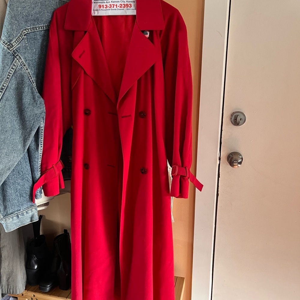 Vintage Red Double-Breasted Trench Coat with adjustable sleeve straps